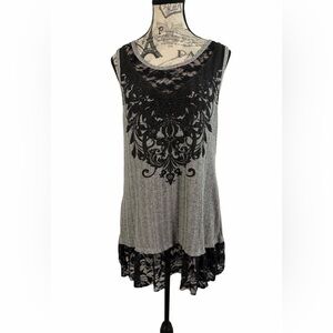 Vocal Sleeveless Tunic Top with Black Lace Detailing Size L Boho Chic!